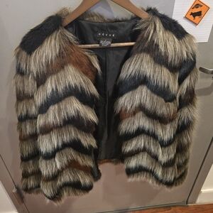 Revue Women's Striped Faux Fur Teddy Jacket - Black, Brown, Tan